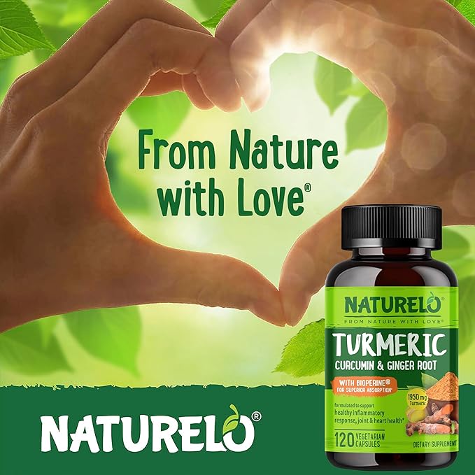 NATURELO Turmeric Curcumin - BioPerine for Better Absorption - Black Pepper, Ginger Root, Curcuminoids - Plant-Based Joint Discomfort Support - 120 Vegan Capsules (Pack of 2)