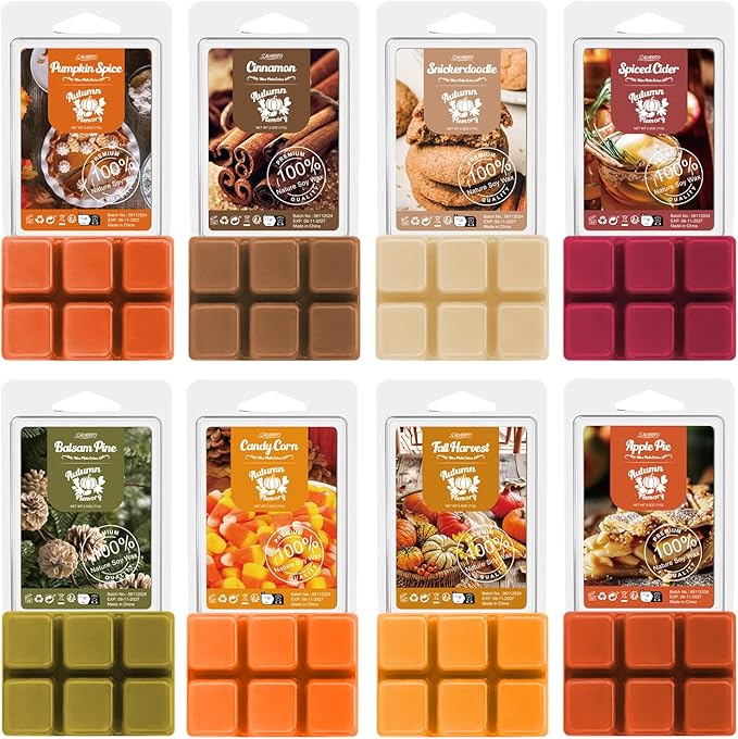 Salubrito Fall Scented Wax Melts, Strong Scented Soy Wax Cubes/Tarts Variety Set- Pumpkin Spice, Cinnamon, Spiced Cider, Snickerdoodle, Balsam Pine, Candy Corn, Fall Harvest, Apple Pie, 8x2.5oz