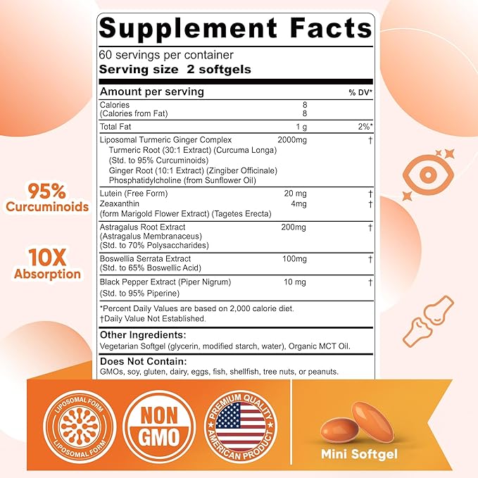 Liposomal Turmeric Curcumin and Ginger Supplement Softgels 2000mg, 95% Curcuminoids, Organic Turmeric Root Extract with Black Pepper for Superior Absorption, Plus Lutein Zeaxanthin, Non-GMO, 120 Pills