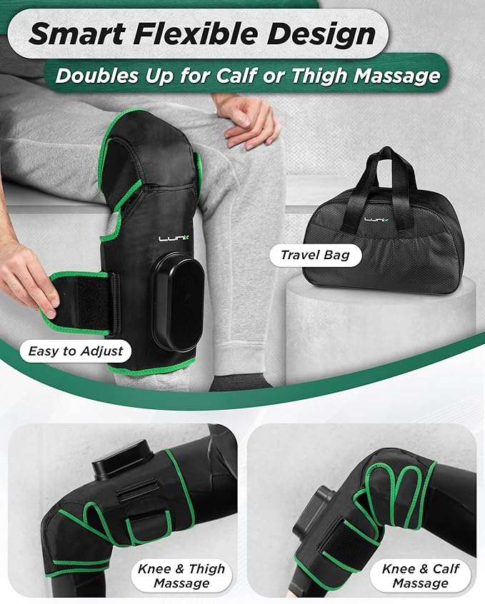 Lunix LX4 Knee Massager with Heat and Compression, Rechargeable Thigh, Calf, and Knee Wrap with Cold or Heat Therapy, Leg Brace and Heating Pad, Green