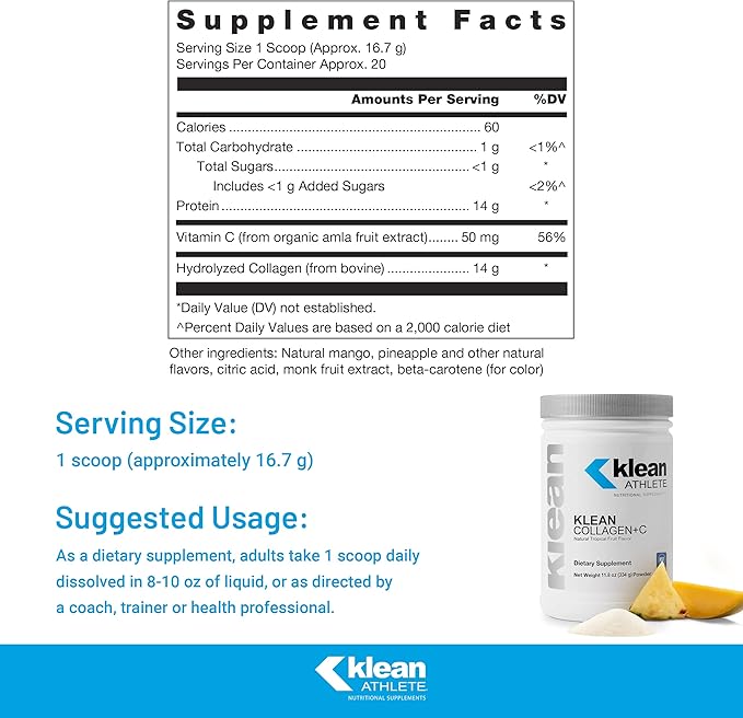 Klean Athlete Klean Collagen+C | Supports Musculoskeletal Health to Help Optimize Performance and Mobility | 11.8 Ounces | Natural Tropical Fruit Flavor