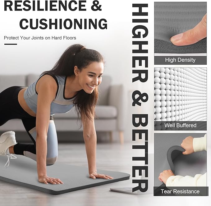 Yoga Mat 1-Inch Extra Thick High-Density Exercise Mat with Non-Slip Surface & Carry Strap for Men & Women Tear-Resistant Pilates Workout Mat for Home Gym, Floor Fitness, Graphite