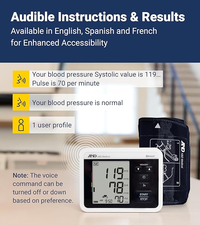A&D Medical Voice-Guided Blood Pressure Monitor for Home Use with Bluetooth, UA-1040TBLE - Wide Range Cuff (8.6-16.5" / 22-42cm) Ideal for Visually Impaired - 3 Language Selections, Accessible