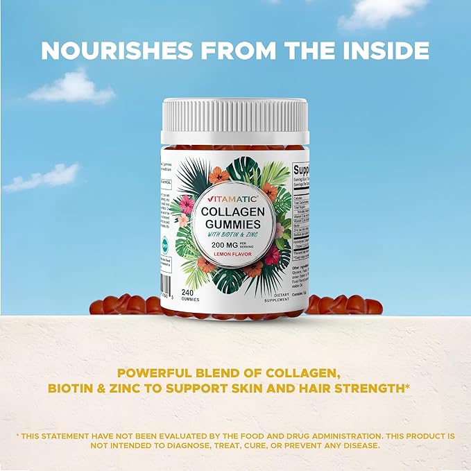 Vitamatic Hydrolyzed Collagen Gummies with Vitamin C, Zinc and Biotin, 200 mg - Healthy Skin Support - 240 Gummies