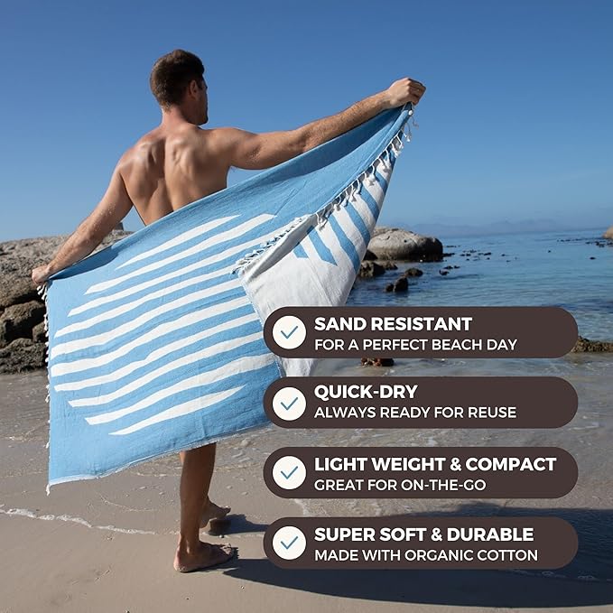 FESHKA Sand Proof Turkish Beach Towel – Oversized, Quick Dry & Lightweight Travel Towel - 100% Organic Cotton Beach Blanket - Perfect for Bath, Pool & Picnic | Blue Stripes (Blue)