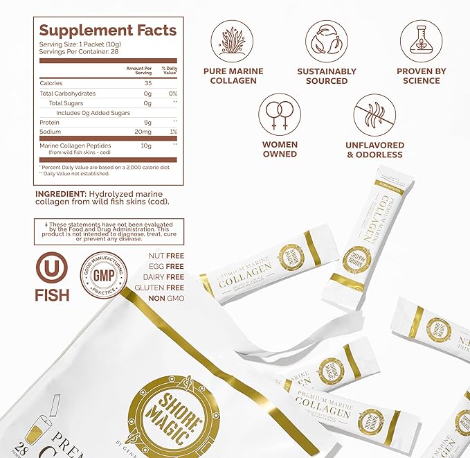 Premium Marine Collagen Powder – Hydrolyzed Type I, II, III & IV Peptides for Skin, Hair, Nails & Joints – Wild-Caught Fish, Kosher, Unflavored, Travel Friendly, 28 Daily Packets