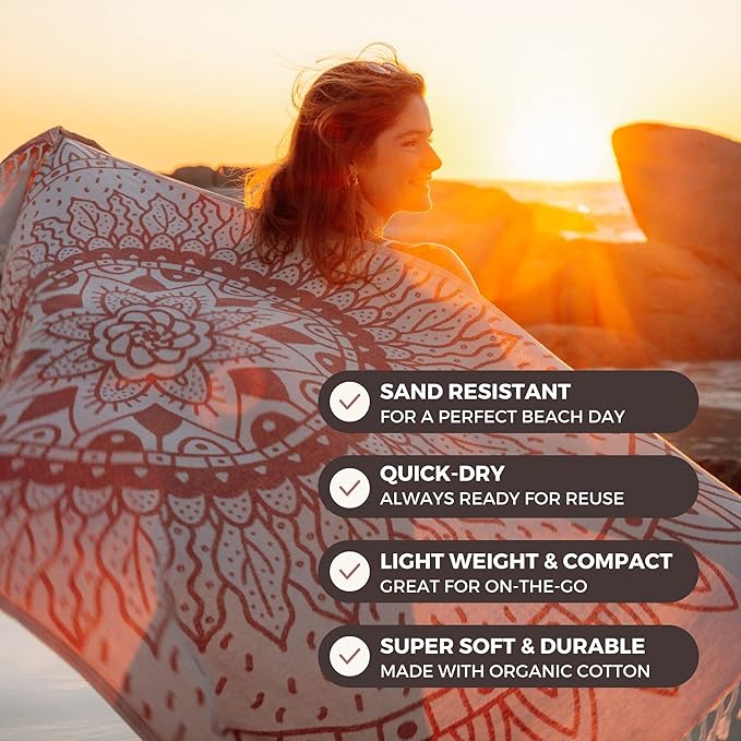 FESHKA Sand Proof Turkish Beach Towel – Oversized, Quick Dry & Lightweight Travel Towel - 100% Organic Cotton Beach Blanket - Perfect for Bath, Pool & Picnic | Sunflower (Maroon)