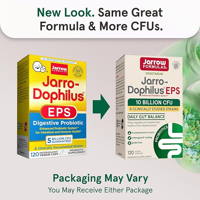 Jarrow Formulas Jarro-Dophilus EPS Probiotics 10 Billion CFU for Intestinal Tract Support, Probiotic Supplement for Gut Health for Women and Men, 120 Veggie Capsules, Up to a 60 Day Supply,Pack of 12