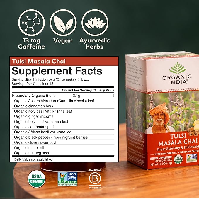 Organic India Tulsi Masala Chai Tea Bags - Holy Basil, Black Tea, Spices with Ginger, Stress Relieving, Immune Support, USDA Certified Organic, Antioxidant, Caffeinated - 18 Infusion Bags, 6 Pack