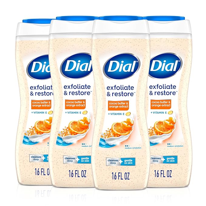 Dial Body Wash, Exfoliate & Restore Cocoa Butter & Orange Extract, 32 Fl Oz, With Vitamin E, Gentle, Leaves Skin Feeling Nourished, Dermatologist-Tested, No Parabens & Sulfates