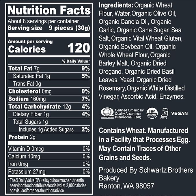 Garlic & Herb Bagel Chips NY Style Bagel Crisps. Organic, Vegan, Kosher. From the artisans of Schwartz Brothers Bakery. Baked Fresh. Twice Baked. 8 ounce container. Great Snack. Delicious. Pack of 4.