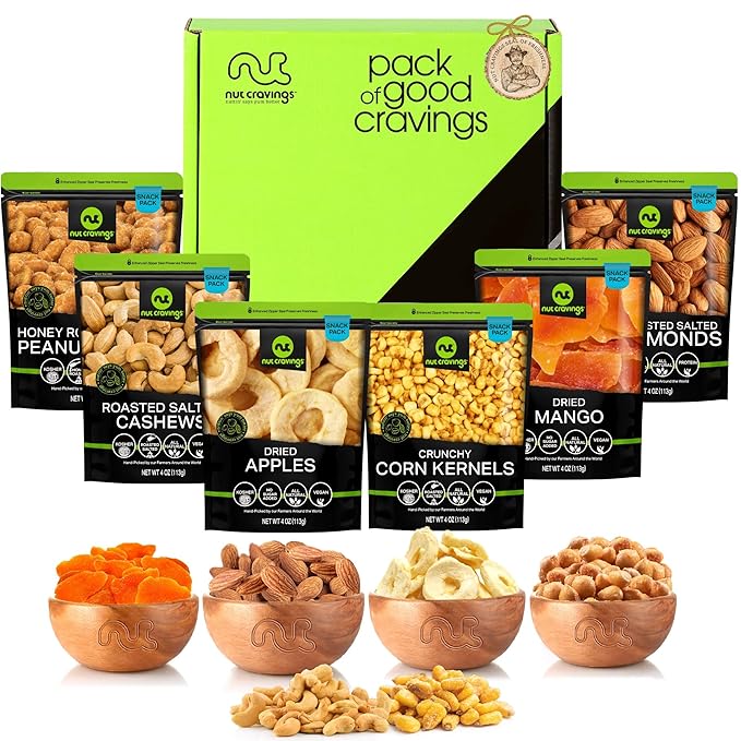 NUT CRAVINGS - Diwali Sweets Hamper Mid-Autumn Festival Dried Fruit & Mixed Nuts Basket in Green Box (6 Assortments of 4 oz, 1.5 lb) Food Arrangement, Healthy Snack Care Package, Food Assortments