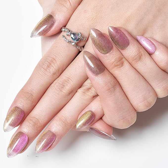 GLAMERMAID Golden Pink Magnet Cat Eye Press on Nails Short Almond, Handmade Chameleon Gel Fake Nail Kit, Ombre Purple Glitter Magnetic Glue on Nail Stiletto, Medium Oval Stick False Nail Set for Women