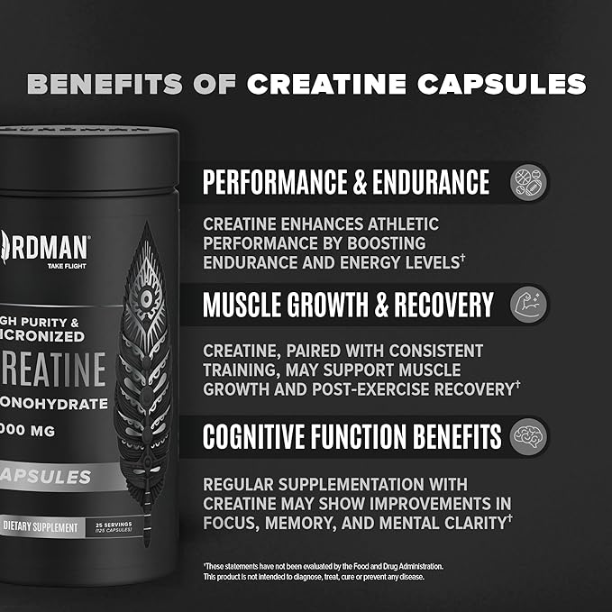 BIRDMAN Micronized Creatine Monohydrate Capsules for Muscle Growth & Recovery, Pre & Post Workout, Vegan Creatine, Caffeine Free, Gluten Free, Sugar Free | 25 Servings | 125 Capsules