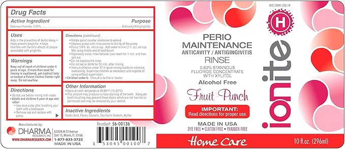 Ionite-H Home Care 0.63% Stannous Fluoride Perio Maintenance Rinse Mouthwash - with Mixing Cup/Shaker and Dispensing Pump (10 Fl oz, FruitPunch)