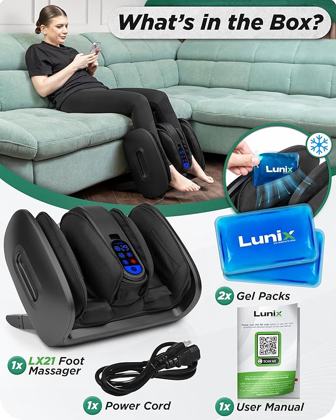 Lunix LX21 Shiatsu Foot and Calf Massager with Heat & Remote – Pain Relief for Plantar Fasciitis, Neuropathy, and Circulation, Ankle & Foot Massager, Black