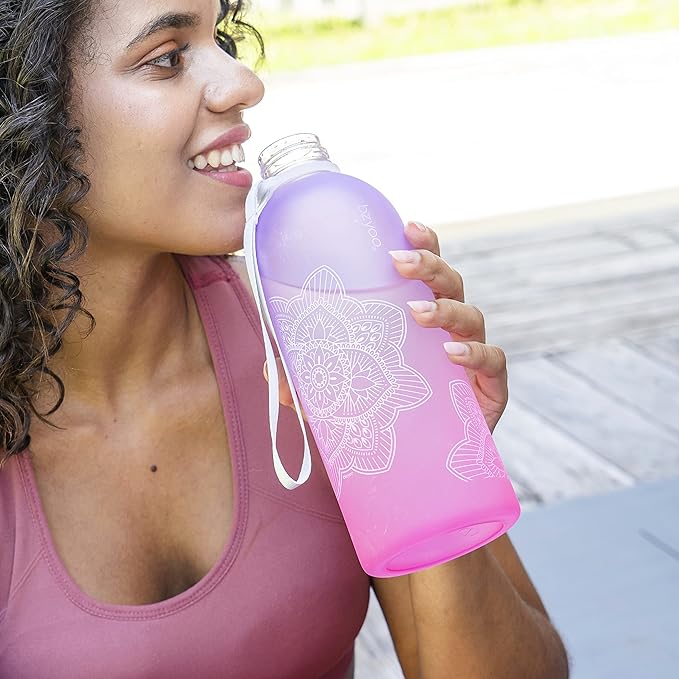bzyoo 32 OZ 1 Liter Time Marker Water Bottle BPA Free Frosted Durable Plastic With Strap - Reusable Water Bottle With Times To Drink For Fitness Gym Gifts For Him & Her (Color: Ombre Pink)