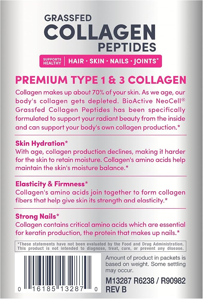 NeoCell Super Collagen Peptides, 10 g Collagen/Single-Serve Packet; Keto Certified, Gluten Free; for Healthy Skin, Hair, Nails and Joint Support;* Unflavored Powder, 20 Servs, 7 Oz.