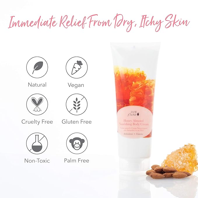 100% PURE Nourishing Body Cream, Honey Almond, Body Lotion for Dry Skin, Anti-Aging, Moisturizing Cocoa Butter, Natural Body Lotion - 8 Fl Oz