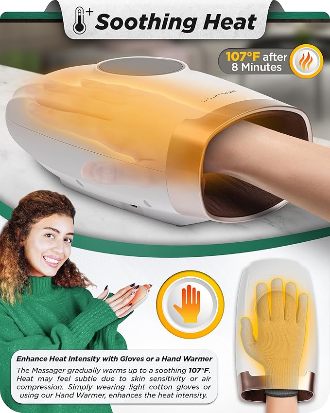 Lunix LX7 Electric Hand Massager with Heat and Compression, Pressure Point Therapy for Arthritis, Pain Relief and Carpal Tunnel, with Hand Warmer, White
