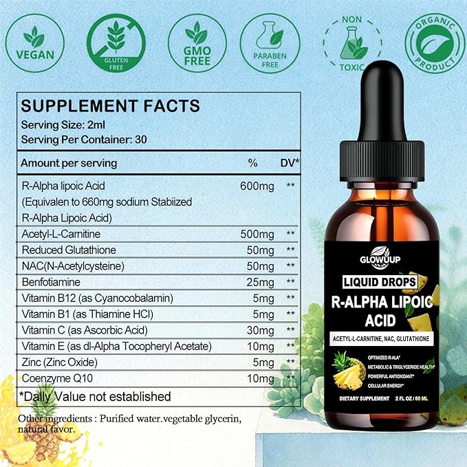 R Alpha Lipoic Acid 600mg Liquid Drops, Pure R-Lipoic Acid Nutritional Supplement for Antioxidant, Cellular Metabolism Energy & Nerve Health*, Enhanced Active R-ALA with 6X Absorption Than Capsules