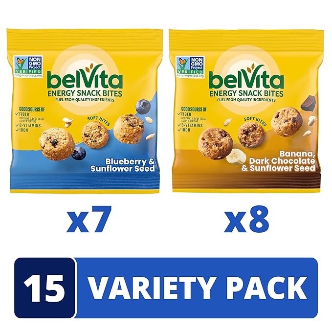 belVita Energy Snack Bites Variety Pack, Banana Dark Chocolate & Sunflower Seed, Blueberry & Sunflower Seed, 15 Snack Packs