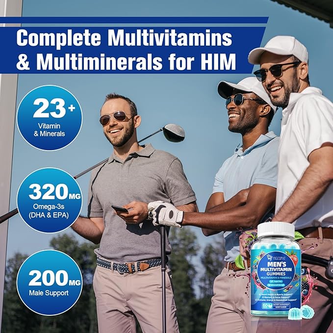 Multivitamin for Men, Mens Multivitamins Gummies w/Omega-3, Probiotics, Inositol, Folate, Biotin, Zinc, Vitamins A, C, D, E, B, Support Heart, Brain, Muscle, Energy, Sugar-Free, Berry Flavor