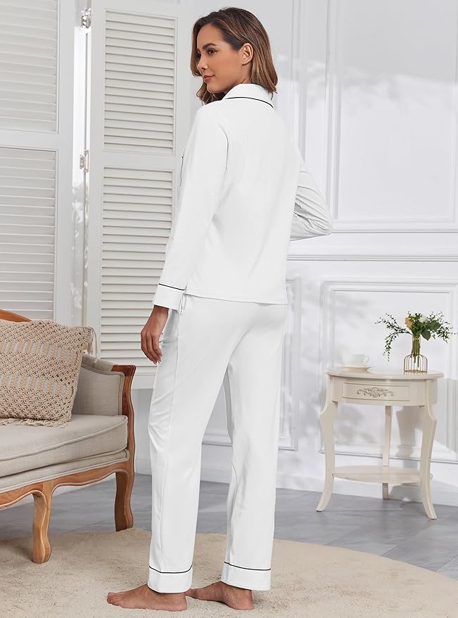 Veseacky 100% Cotton Pajamas for Women Set Long Sleeve Button Down Sleepwear Soft Pjs Lounge Sets with Pockets S-XXL