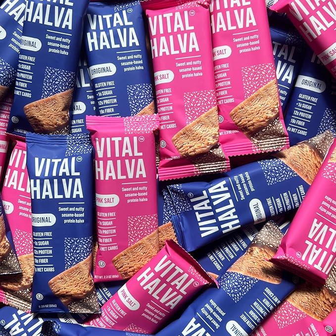 Vital Halva Fiber Protein Sesame Bar, Gluten Free, 19g Fiber, 12g Protein, 6 Net Carbs (10 Bars, 65g each) Zero Added Sugar, Flavor Pink Salt