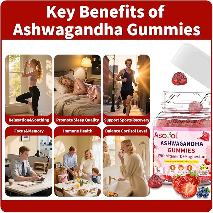 Ashwagandha Gummies with Vitamin D & Magnesium – Sugar-Free, Vegan, Non-GMO, Gluten & Gelatin Free – Supports Stress Relief – Mixed Berry Flavor, 90 Count