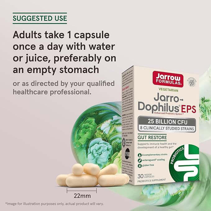 Jarrow Formulas Jarro-Dophilus EPS Gut Restore Probiotics 25 Billion CFU with 8 Clinically-Studied Strains, Dietary Supplement for Intestinal and Immune Support, 30 Veggie Capsules, 30 Day Supply