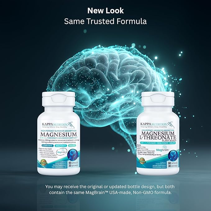 Kappa Nutrition Powered by Magbrain™ Magnesium L-Threonate Plant-Based, 420mg Elemental Magnesium (3 Capsules) from 2,253mg, 60 Vegan Capsules, Brain, Sleep & Muscle Support.