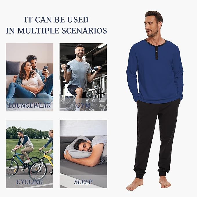 Men's Pajama Set with Henley Neckline 100% Cotton Soft and Comfortable Nightwear 2-Piece Lounge Set