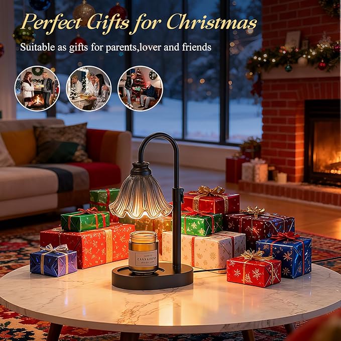 Candle Warmer Lamp with Adjustable Height - Flameless 4-Level Dimmable Wax Warmer with Colorful Glass Shade & Wooden Base, Timer Function & Stylish Design in Multiple Colors (Black 2)
