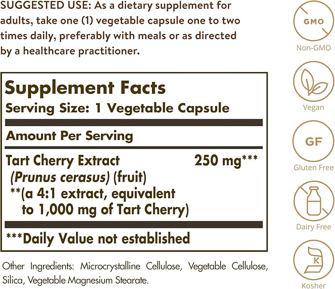 Solgar Tart Cherry 1000 mg, 90 Vegetable Capsules - Antioxidant with Quercetin, Chlorogenic Acid & Anthocyanins Compounds - Non-GMO, Vegan, Gluten Free, Dairy Free - 90 Servings