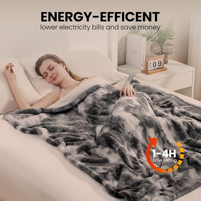 Electric Heated Blanket 90"x100",Luxury Grey Faux Fur Electric King Blanket,Fast Heating Soft Fluffy Thick Electric Blanket with 6 Heating Levels & 12H Auto Off