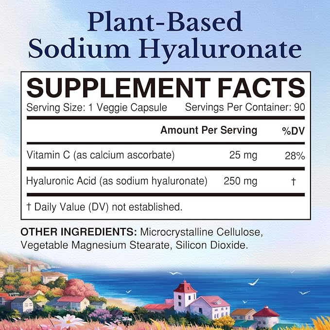 Vitalitown Hyaluronic Acid Supplements 250 mg, Plus 25 mg Vitamin C, Naturally Derived & High Bioavailability, Skin Hydration, 90 Vegan Capsules, 3 Month Supply