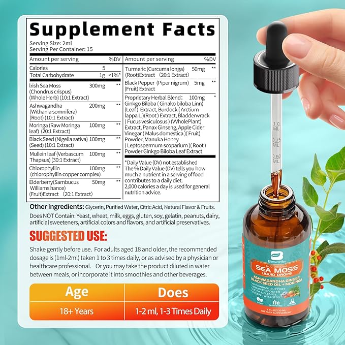 3Pack Sea Moss Drops - Irish Sea Moss Chlorophyll Liquid with Black Seed Oil, Ashwagandha, Moringa, Turmeric, Elderberry, Mullein, Seamoss Gel Supplement for Liver Cleaner, Detox & Gut, Immune Support