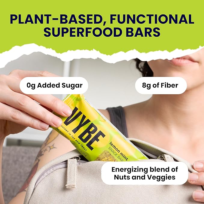 Vybe Snacks Savory Snack Bars – Lemon Mint Flavor | Crunchy & Delicious | Zero-Added Sugar, Gluten-Free, Plant-Based Goodness, Keto-Friendly, No Artificial Ingredients (Box of 12, 45g each)