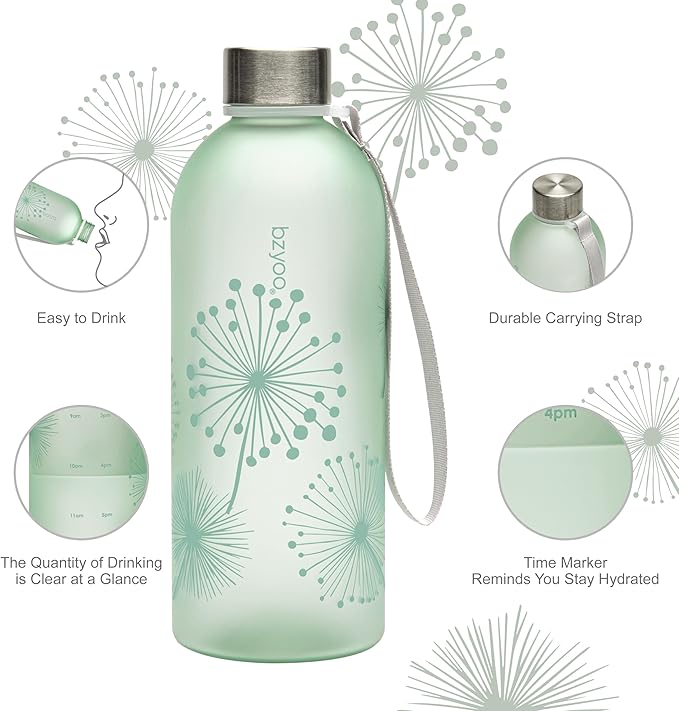 bzyoo 32oz 1 Liter Clear Water Bottle with Time Marker, Dandelion Design, Durable Plastic, BPA-Free, Reusable with Measurement Markings for Fitness and Outdoor Activities (Color: Green)