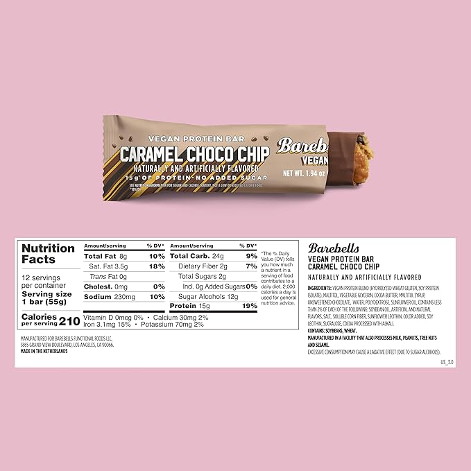 Barebells Protein Bars - Protein Snacks with High Protein - Chocolate Protein Bars - Perfect on The Go Protein Snack & Breakfast Bars (12 Count (Pack of 1), Plant Based - Caramel Choco Chip)