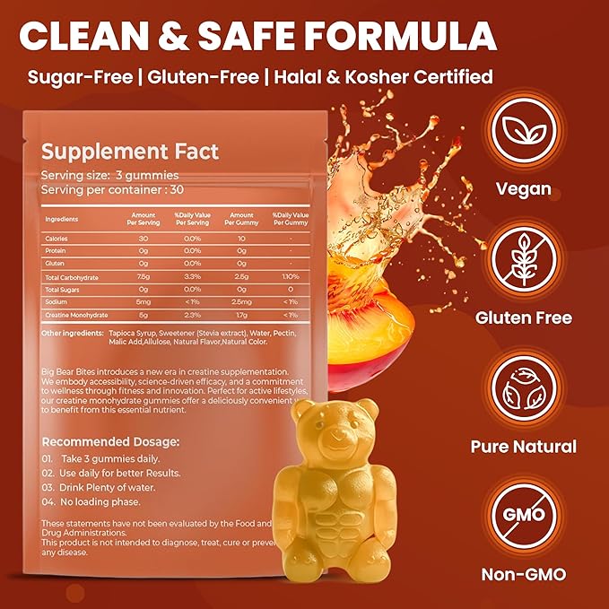 Creatine Monohydrate Gummies for Men & Women | 5000mg of Creatine Gummies per Serving | Sugar, Gluten Free & Halal | Pack of 90 for Pre Workout & Muscle Recovery | Peach Flavor