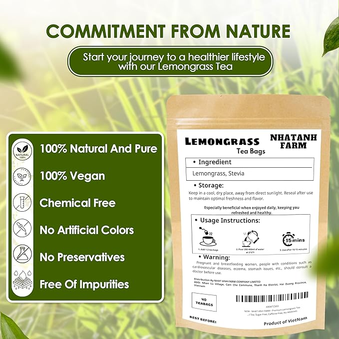 NHAT ANH FARM - Premium Lemongrass Tea Bags, 40 Lemongrass Tea Bags, 100% Natural Dried Lemongrass, Naturally Sweet Herbal Tea, Sugar-Free, Caffeine-Free, No Additives