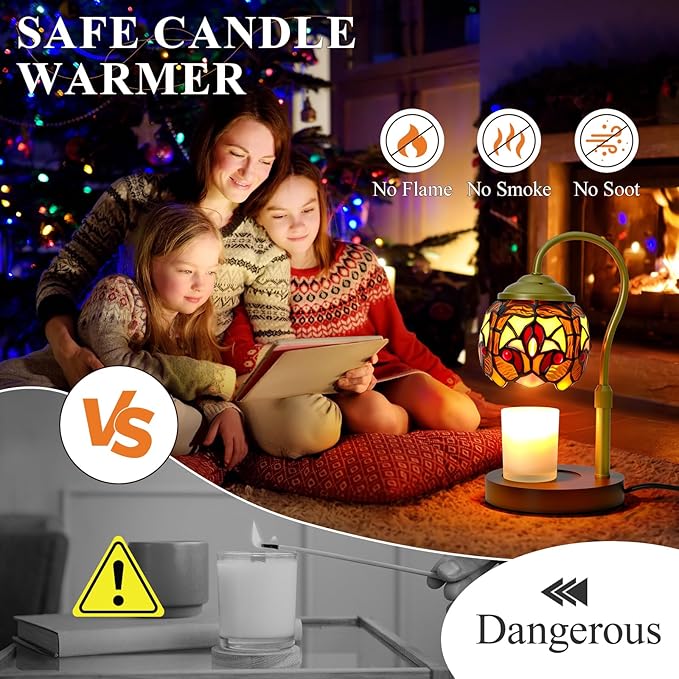 Tiffany Style Candle Warmer Lamp with Timer, Dimmable Stained Glass Candle Lamp Warmer, Birthday Gifts for Mom Women Friend Sister Baroque Wax Melt Warmer with 2 Bulbs for Home Deco