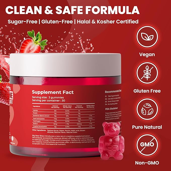 Creatine Monohydrate Gummies for Men & Women | 5000mg of Creatine Gummies per Serving | Sugar, Gluten Free & Halal | Pack of 90 for Pre Workout & Muscle Support | Strawberry Flavor