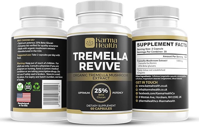 Tremella Mushroom Powder Capsules - Compressed White Snow Fungus Mushroom Powder Supplement - 25% Beta Glucan Content, Vegan & GMO Free. Snow Fungus Organic Supplement