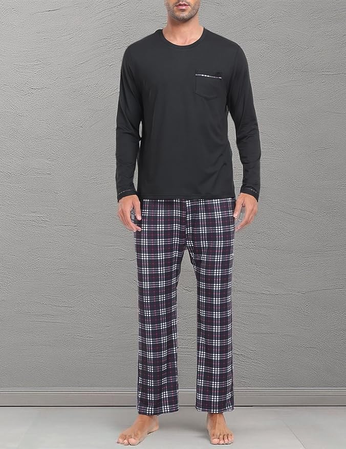MoFiz Men's Pajamas Plaid Sets Sleepwear Sleep Long Sleeve Shirts and Pants Pajama Set Soft Mens Pjs Lounge Set with Pockets