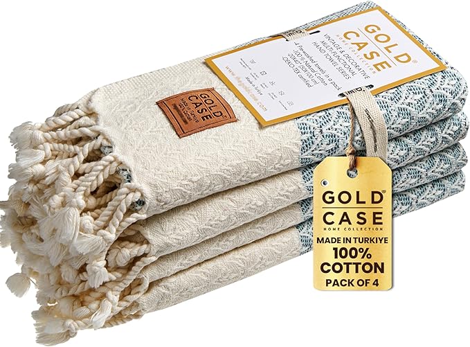 Gold CASE Turkish Hand Towels for Bathroom Set of 4 – 100% Cotton Bathroom Towels – Helen Kitchen Small Towel for Spa, Face, Tea & Dishcloth – Decorative Patterned Weave – Aqua