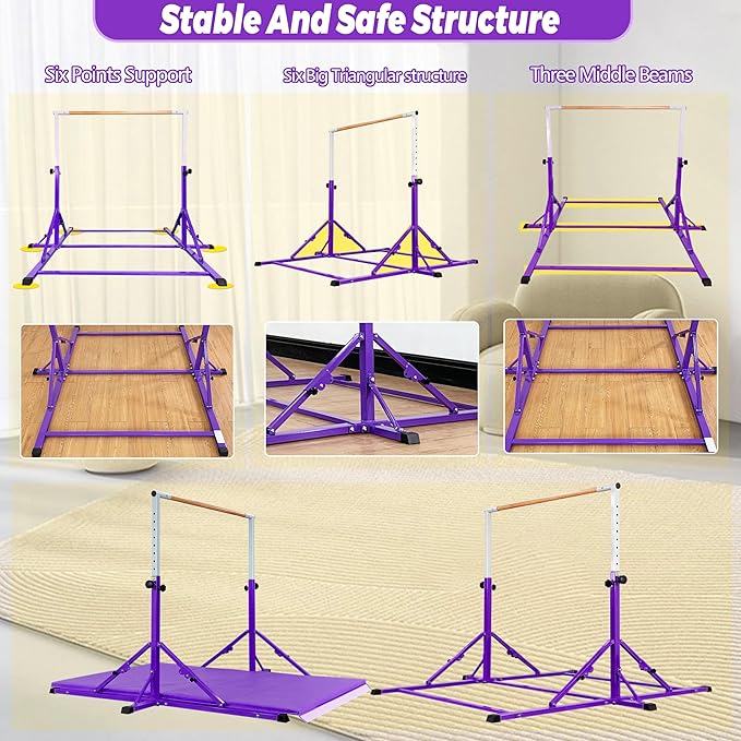 Gymnastic Bar for Kid and Teenage Ages 3-25, 5 FT / 6 FT Base Length, 5 FT / 6 FT Height, Gymnastic Kip Bar Horizontal Bar for Gymnast, Gymnastic Training Equipment for Home and Club Use