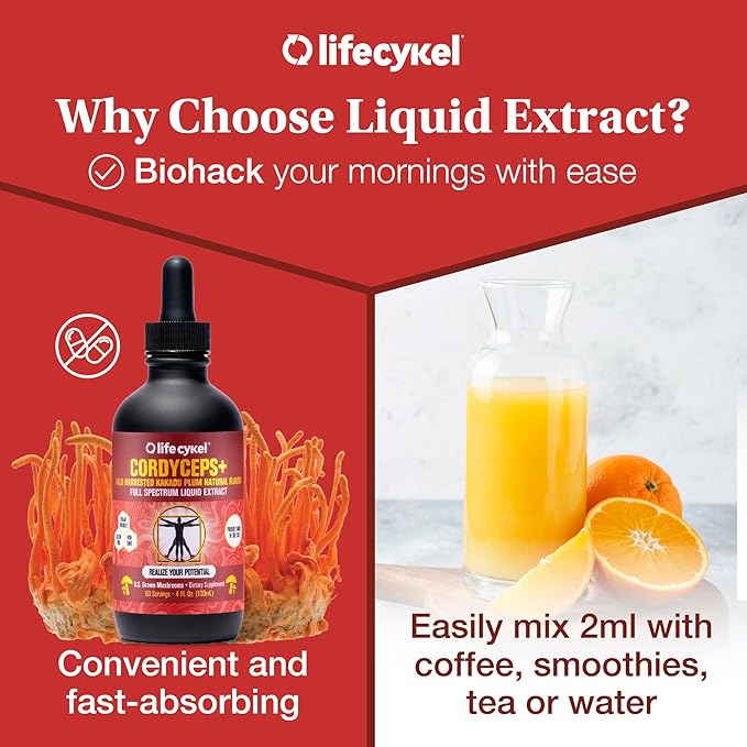 Life Cykel Cordyceps Mushroom Extract with Kakadu Plum - Energy, Stamina & Vitality Support, Natural Aging Supplement - Non-GMO and Vegan Tincture - 1Fl Oz